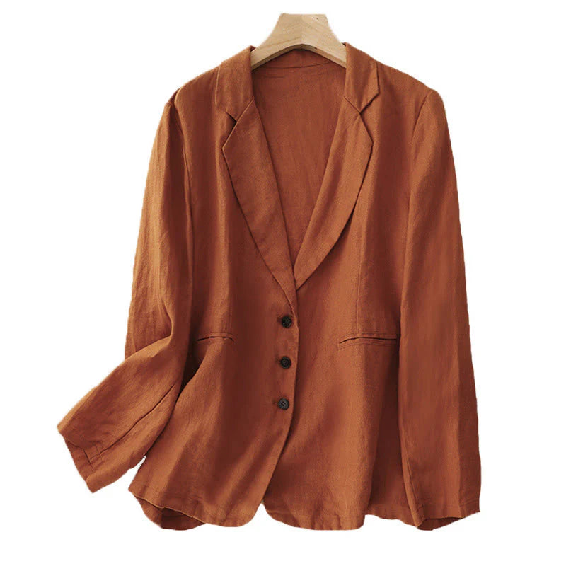 Buddha Stones Commute Retro Pure Color Lapel Cotton Linen Women's Jacket With Pockets