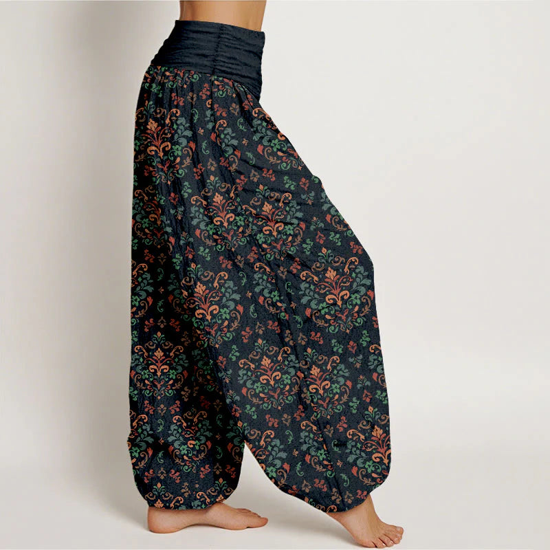 Buddha Stones Pure Cotton Retro Symmetrical Flower Leaf Pattern Women's Elastic Waist Harem Pants