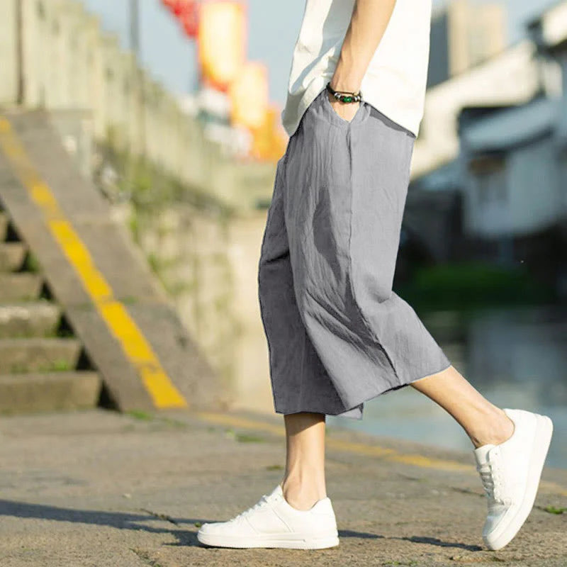 Buddha Stones Summer Plain Pleat Design Drawstring Men's 7-8 Length Cotton Linen Pants With Pockets