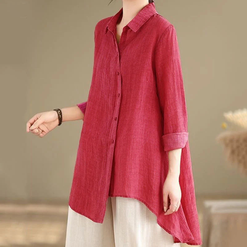 Buddha Stones Irregular Design Buttons Long Sleeve Women's Cotton Shirt