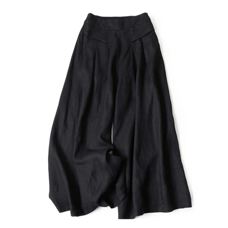 Buddha Stones Plain Color Cotton Linen High Waist Wide Leg Pants With Pockets