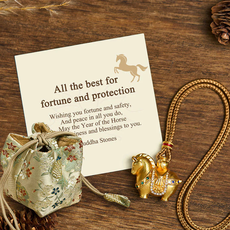 Buddha Stones All The Best For Fortune And Protection Year Of The Horse 24k Gold Plated Brass Necklace Includes Gift Message Card