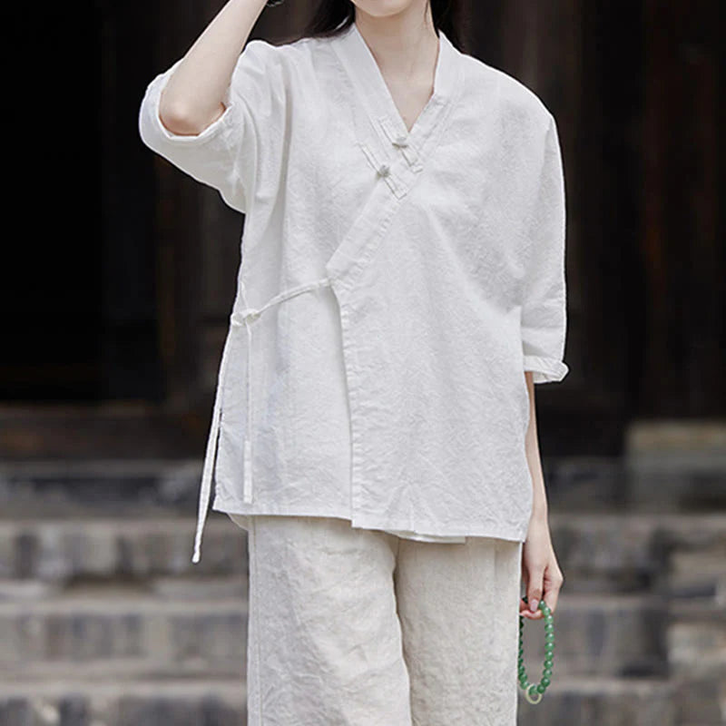 Buddha Stones Vintage  Zen Pure Color Lace Up Side Patchwork Design Women's Cotton Linen Half Sleeve Shirt Cardigan