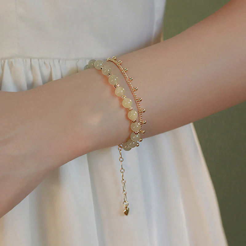 Buddha Stones 14K Gold Plated 2 Layers Hetian Jade Bead Luck Prosperity Bracelet
