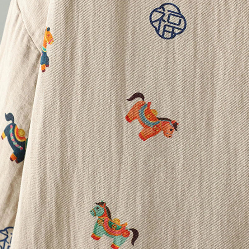 Buddha Stones Horse Fu Character Pattern Frog-Button Design Women's Long Sleeve Thickened Jacket