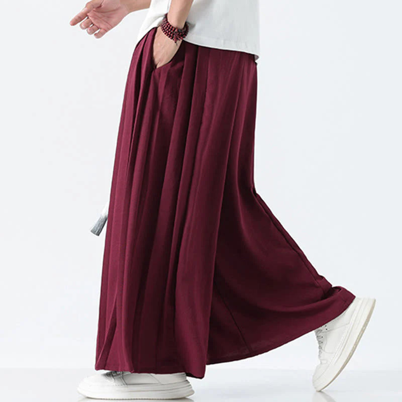 Buddha Stones Summer Dragon Drawstring Design Cotton Ankle-Length Men's Wide Leg Pants With Pockets
