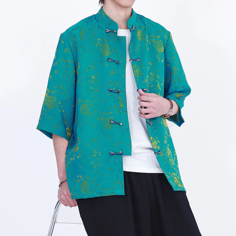 Buddha Stones Summer Vintage Elegant Mandarin Collar Gold Cloud Pattern Elbow Sleeve Men's Shirt
