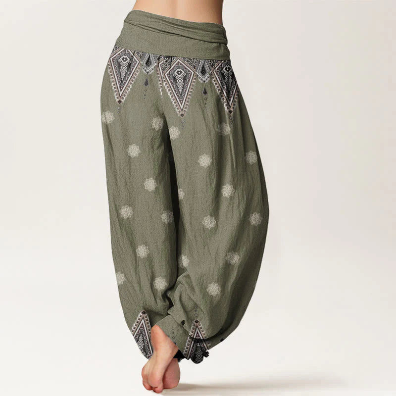 Buddha Stones Cotton Bohemian Geometric Floral Design Women's Elastic Waist Harem Pants