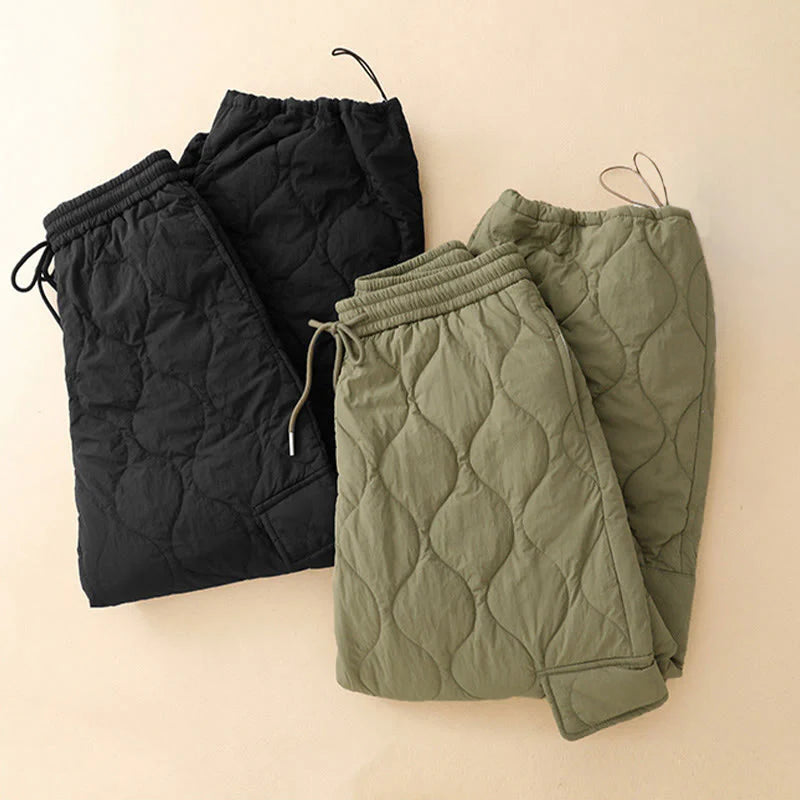 Buddha Stones Winter Curved Lines Elastic Waist Drawstring Cotton Thermal Women's Pants With Pockets