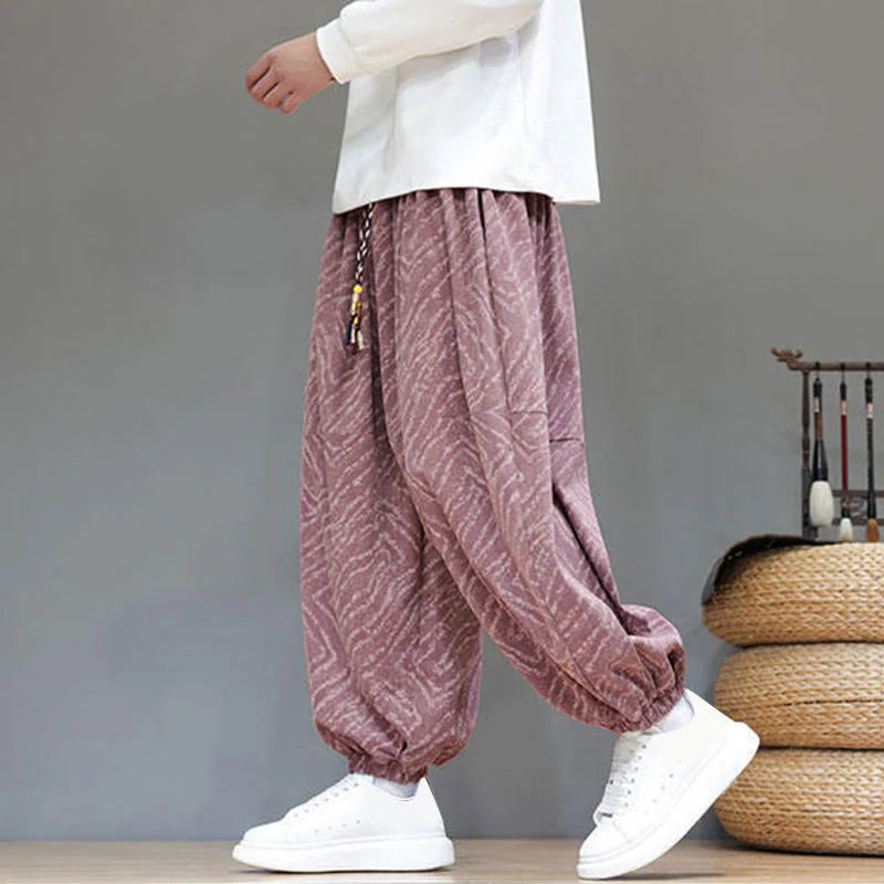 Buddha Stones Fall Texture Drawstring Design Corduroy Cotton Linen Men's Harem Pants With Pockets