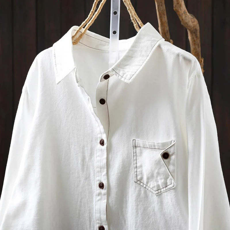 Buddha Stones Fall Buttons Down Pocket Decor Design Women's Stand Collar Long Sleeve Cotton Shirt