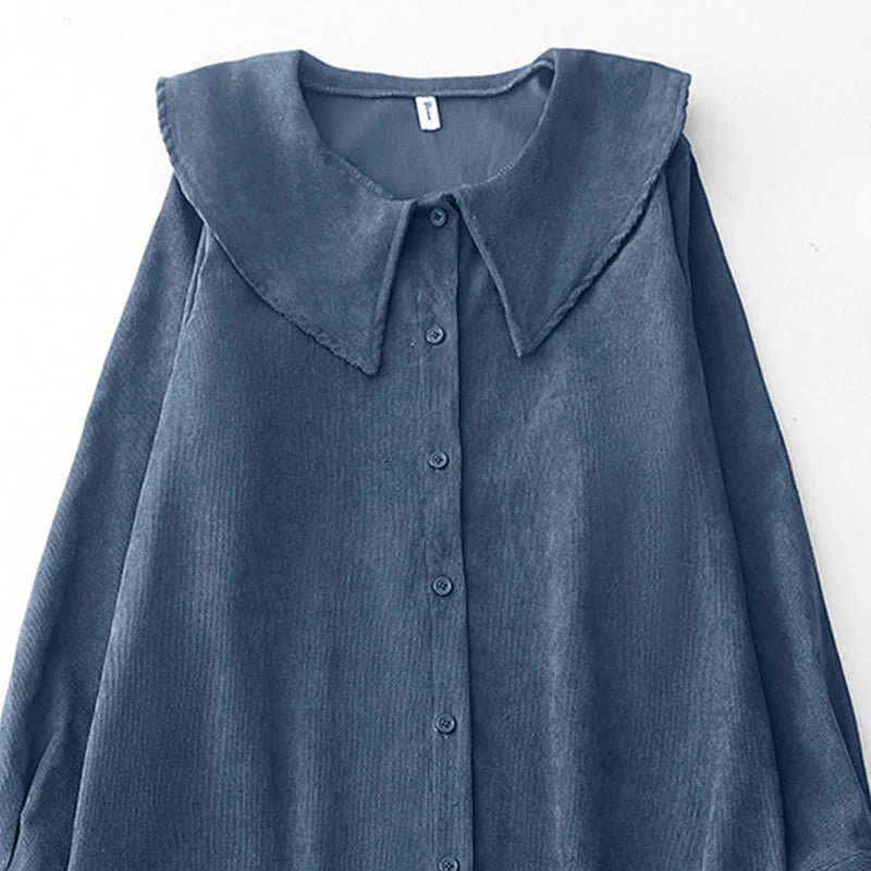 Buddha Stones Fall Plain Buttons Design Long Sleeve Corduroy Midi Dress With Pockets