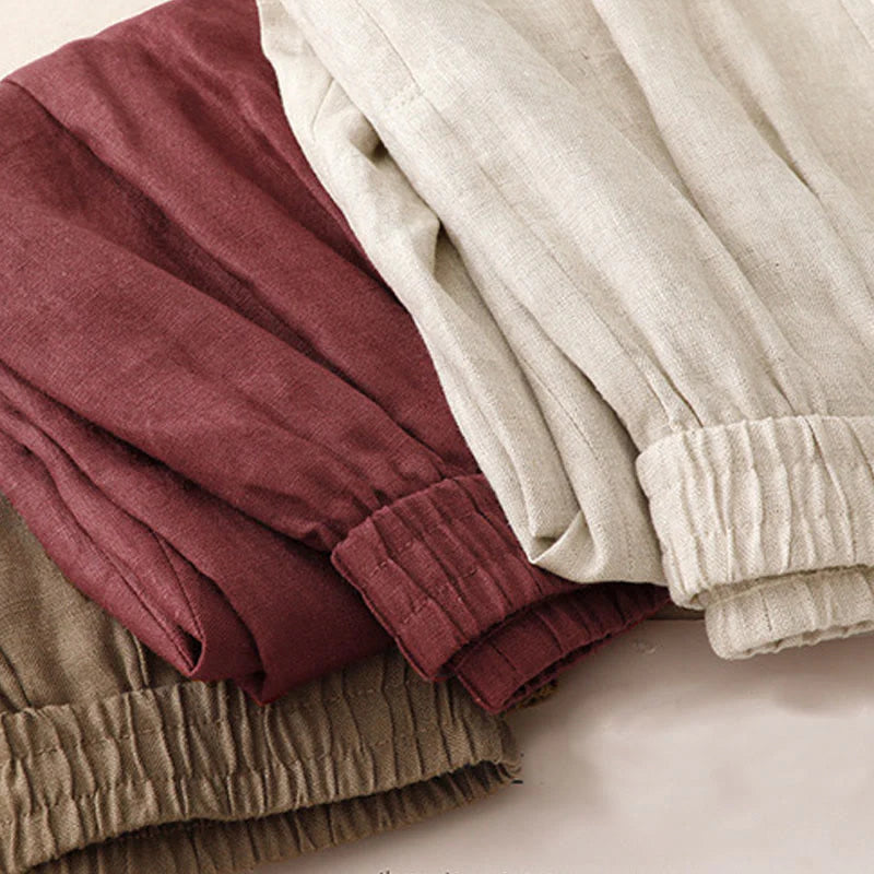Buddha Stones Summer Plain Women's Cotton Linen Harem Pants With Pockets