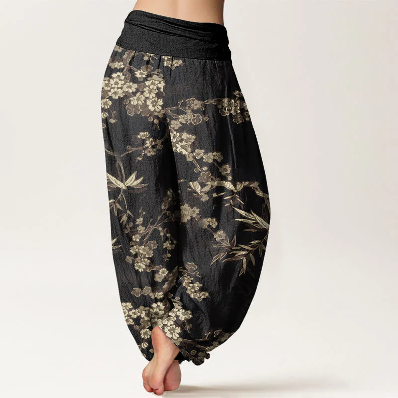 Buddha Stones Cotton White Sakura Flower Pattern Women's Elastic Waist Harem Pants