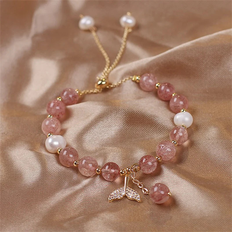 Buddha Stones Strawberry Quartz Rutilated Quartz Fishtail Charm Healing Bracelet
