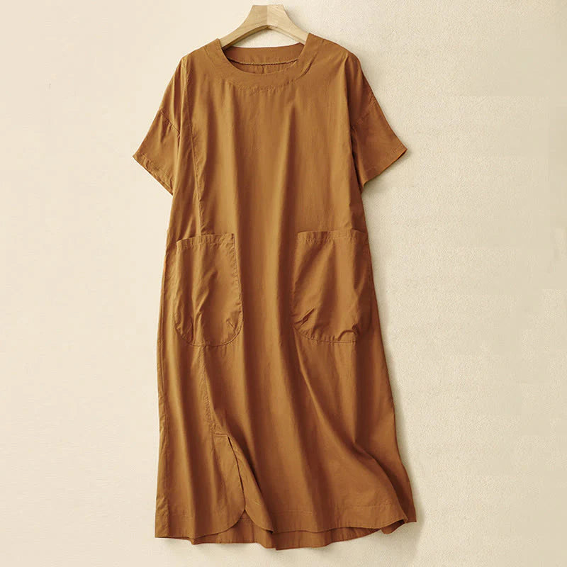 Buddha Stones Summer Plain Crew Neck Simple Short Sleeve Design Midi Dress With Pockets