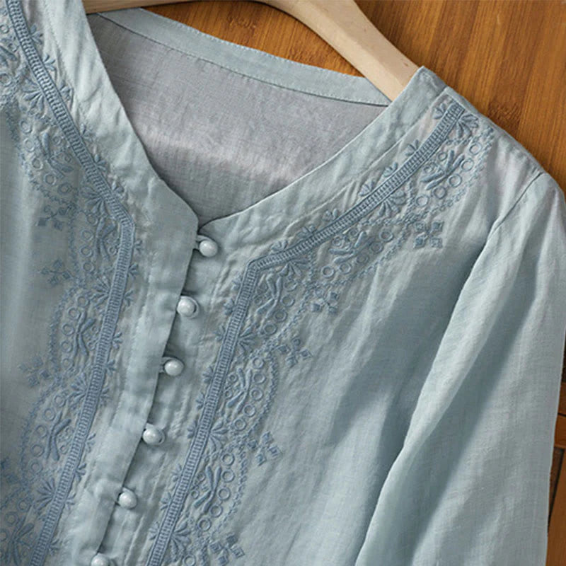 Buddha Stones Casual Embroidery Frog-Button Polyester Half Sleeve Women's V-neck Shirt