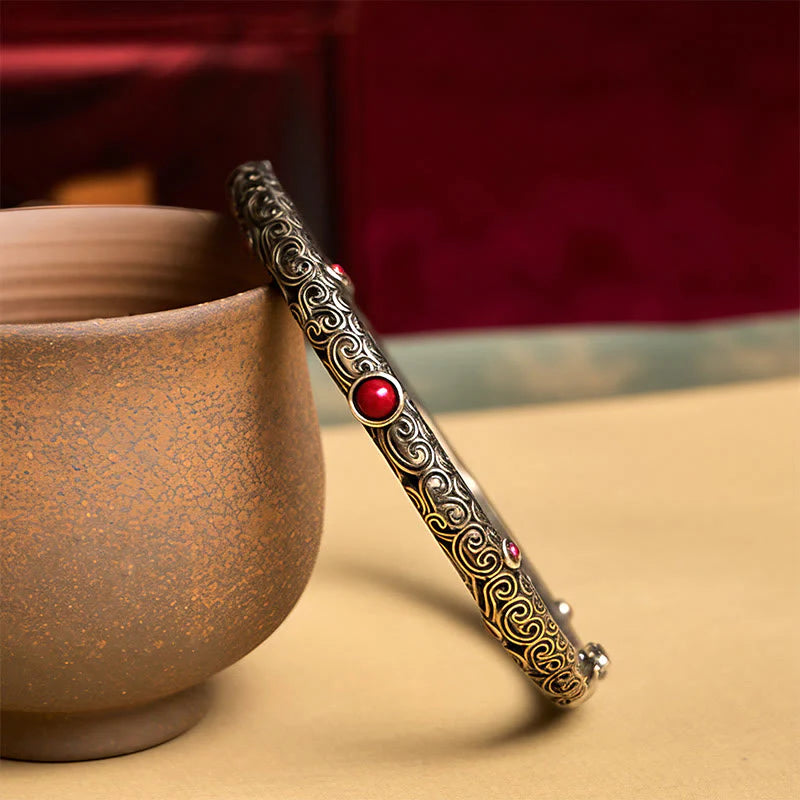 Vintage Tang Dynasty Flower Design Engraved Red Agate Copper Luck Bracelet Bangle