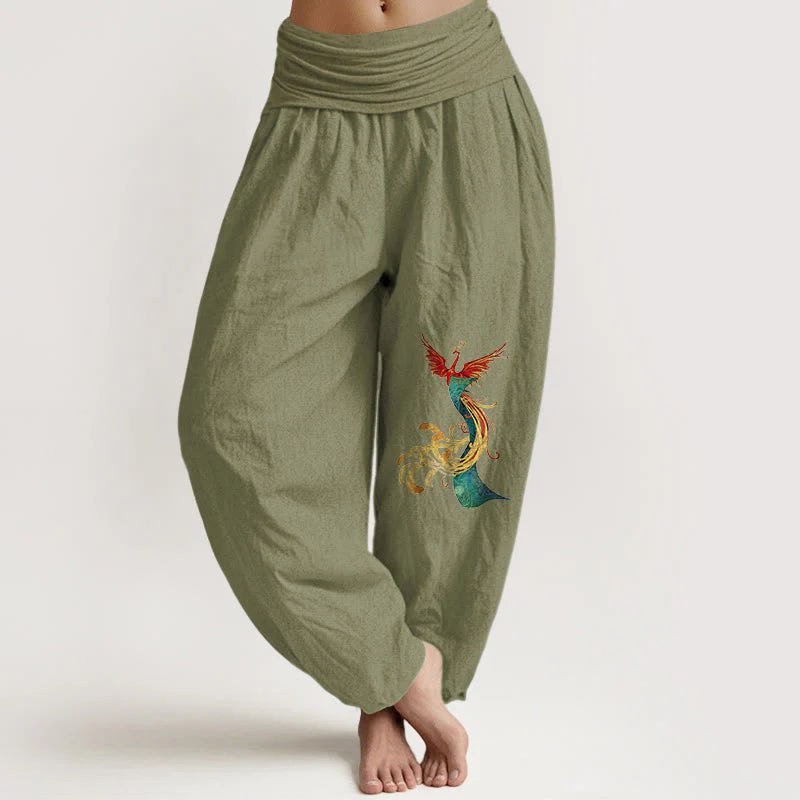 Buddha Stones Women's Pure Cotton Colored Phoenix Pattern Elastic Waist Harem Pants