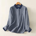 Buddha Stones Fall Blue Striped Color Blocking Stand Collar Buttons Down Design Women's Long Sleeve Shirt