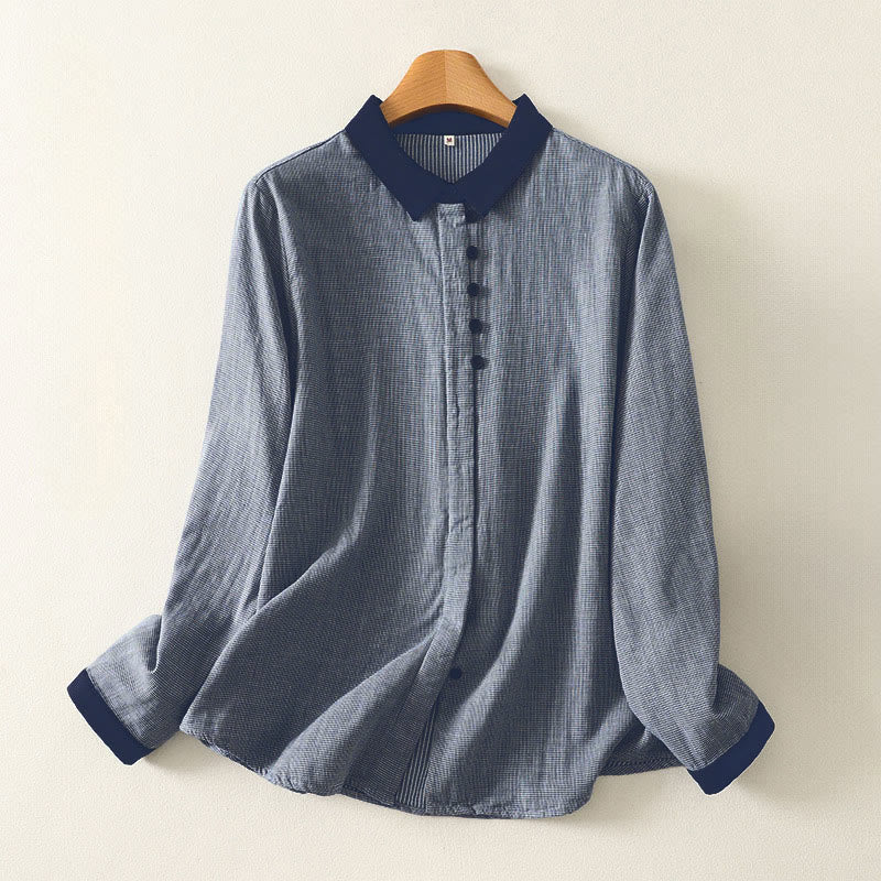 Buddha Stones Fall Blue Striped Color Blocking Stand Collar Buttons Down Design Women's Long Sleeve Shirt