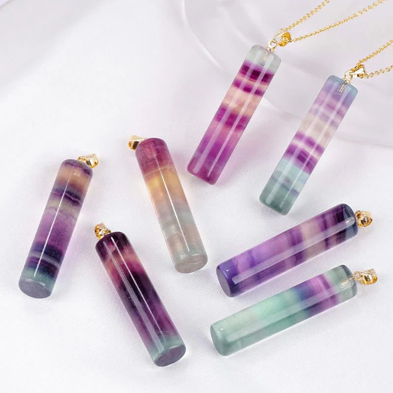 Buddha Stones Natural Colorful Fluorite Cylindrical Protection Necklace Pendant