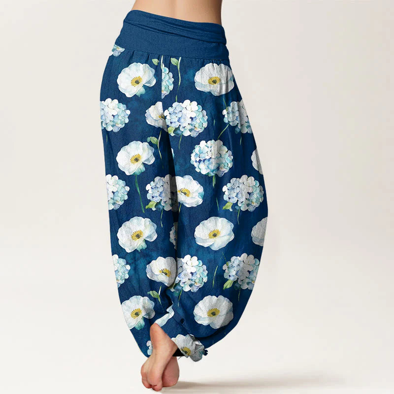 Buddha Stones Cotton Fresh Elegant Flower Pattern Women's Elastic Waist Harem Pants