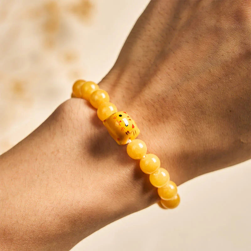 Buddha Stones Orange Tabby Cat Yellow Chalcedony Ceramic Kitten Joy Bracelet