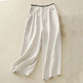 Buddha Stones Solid Color Front Button Back Elastic Cotton Linen Women's Pants With Pockets