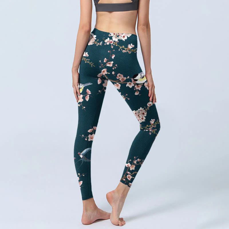 Buddha Stones Sparrow Swallow Peach Blossom Pattern Print Gym Leggings Women's Yoga Pants