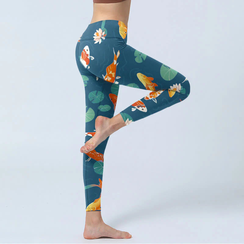 Buddha Stones Koi Fish Lotus Flower Lotus Leaves Pattern Print Gym Leggings Women's Yoga Pants