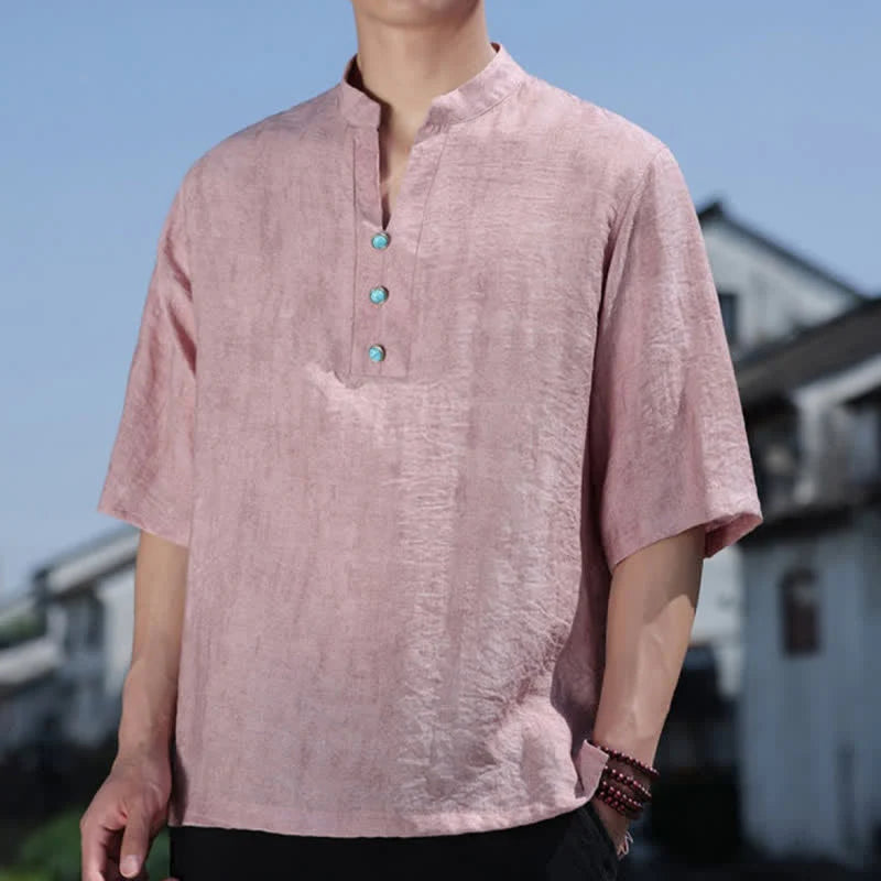 Buddha Stones Summer Dai Ethnic Short Sleeve Men's Notched Collar Button T-Shirt