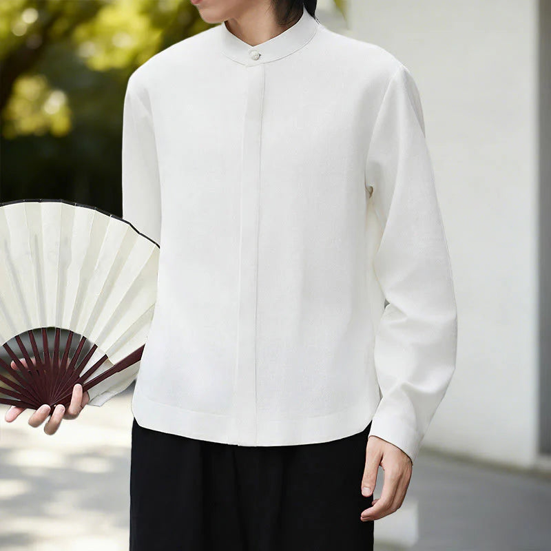 Buddha Stones Fall Solid Color White Men's Long Sleeve Cotton Linen Shirt Corduroy Kimono