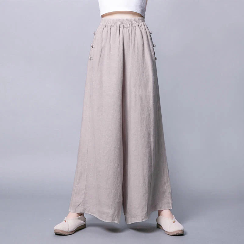 Buddha Stones Casual Frog-Button High Waist Wide Leg Pants With Pockets