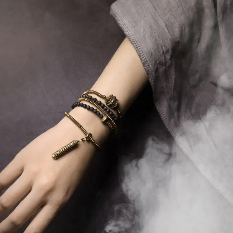 Buddha Stones Vintage Lava Rock Brass Copper Healing Multilayered Bracelet