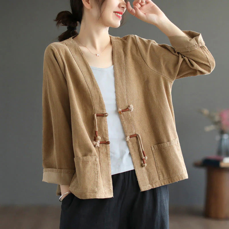 Buddha Stones Women's Cotton Long Sleeve Corduroy Jacket With Pockets
