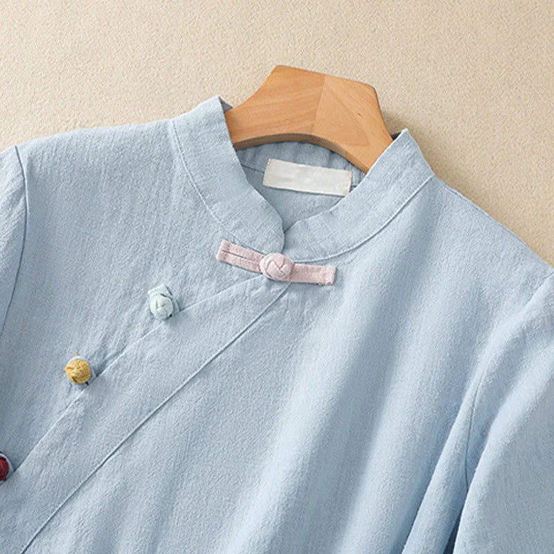 Buddha Stones Casual Plain Slant Stand Collar Collar Colorful Frog-Button Tang Suit Women's Cotton Linen Three Quarter Sleeve Shirt Cardigan