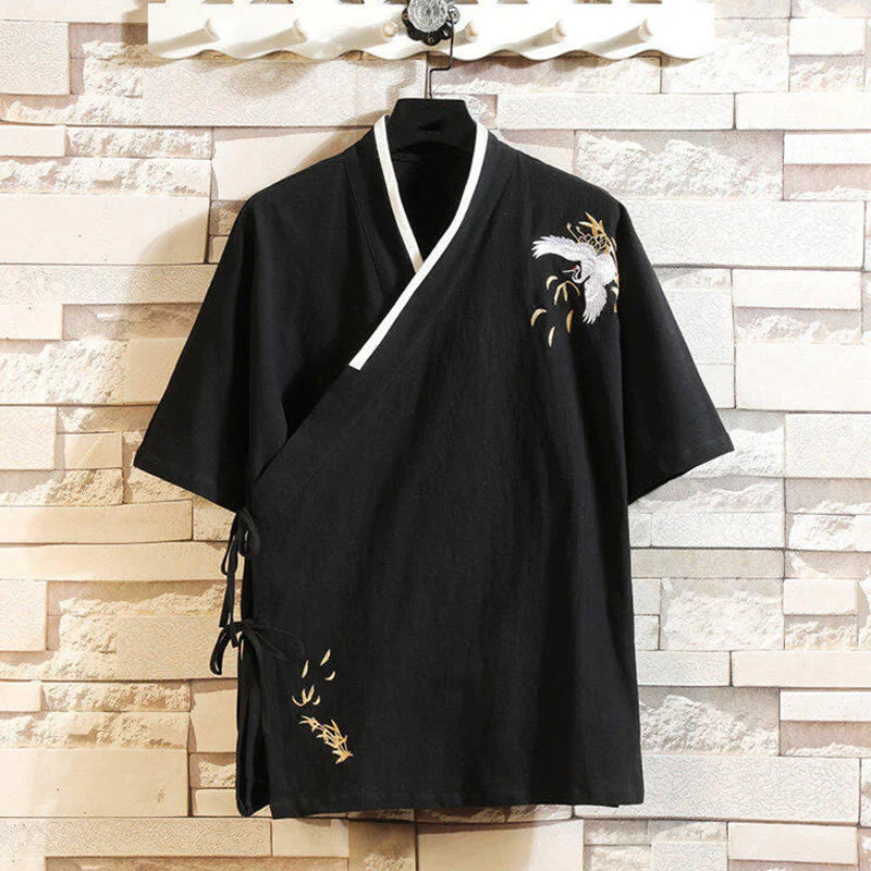 Buddha Stones Tang Suit Embroided Crane Pattern Lace-Up Side Men's Cotton Linen Short Sleeve T-Shirt