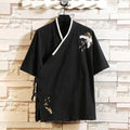 Buddha Stones Tang Suit Embroided Crane Pattern Lace-Up Side Men's Cotton Linen Short Sleeve T-Shirt