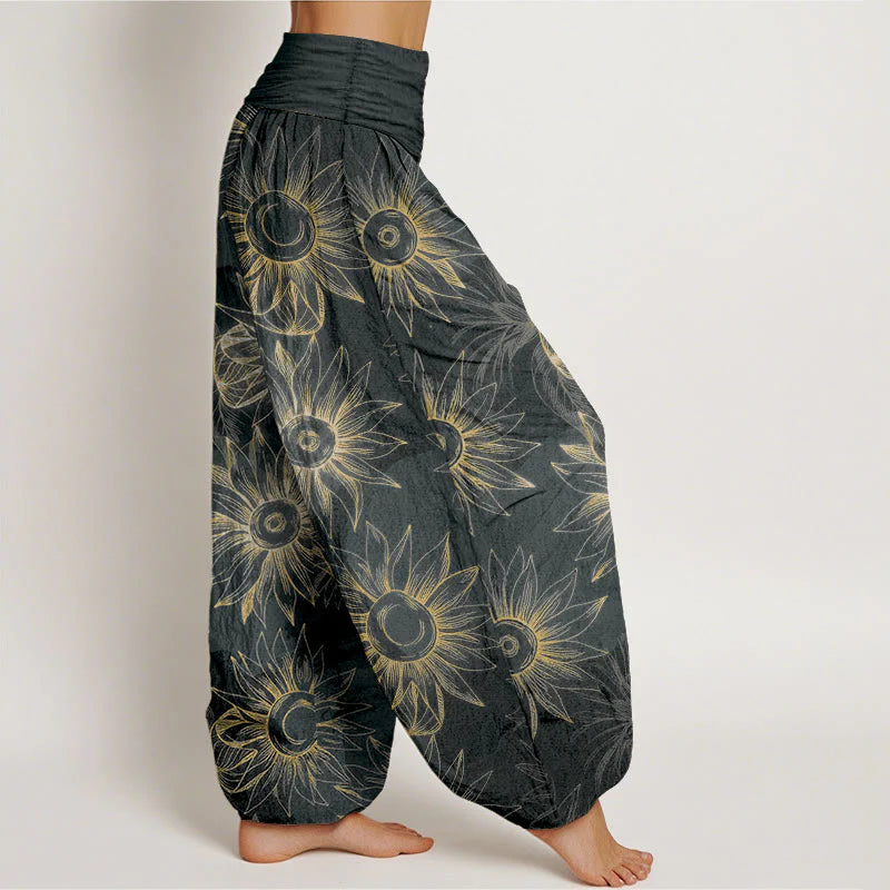 Buddha Stones Cotton Retro Print Flower Pattern Women's Elastic Waist Harem Pants