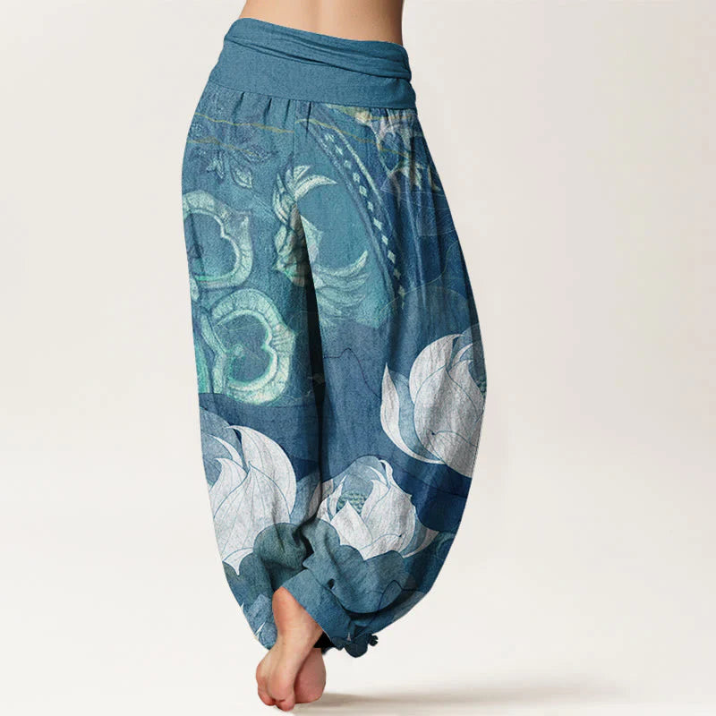 Buddha Stones Cotton White Lotus Leaves Pattern Casual Women's Elastic Waist Harem Pants