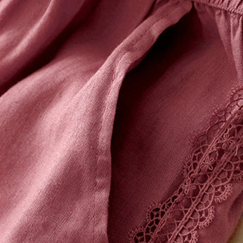 Buddha Stones Plain Color Lace Stitching Cotton Linen Women's Wide Leg Pants With Pockets