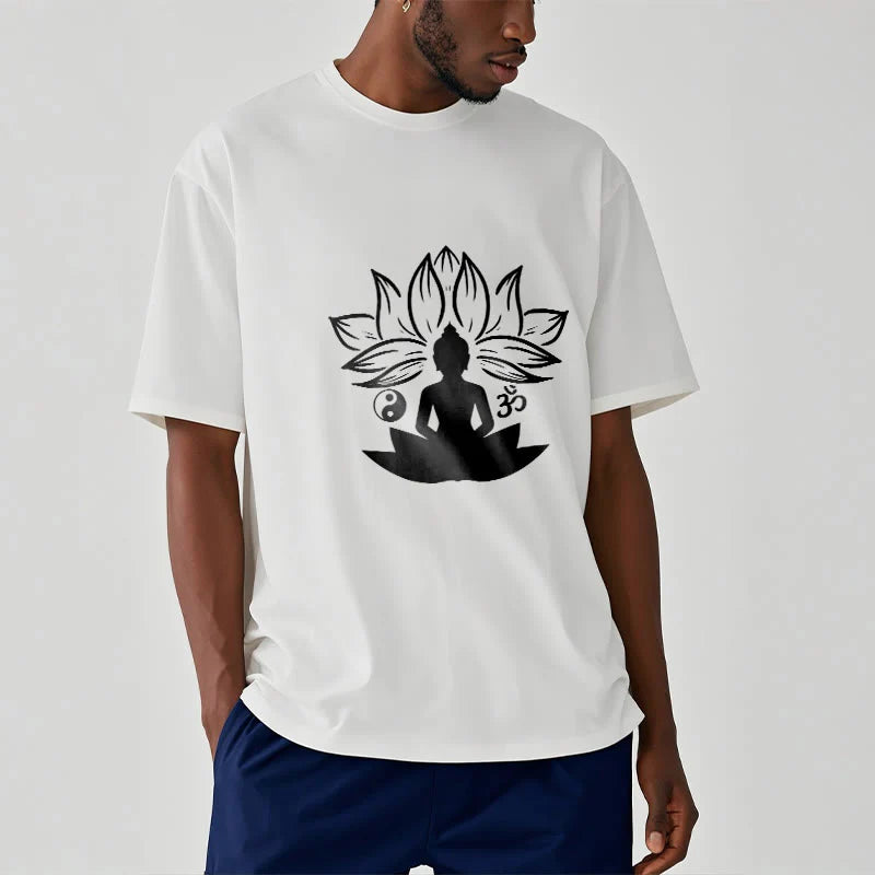 Buddha Stones Om Yin Yang Buddha Statue Sitting Lotus Meditation Tee T-shirt