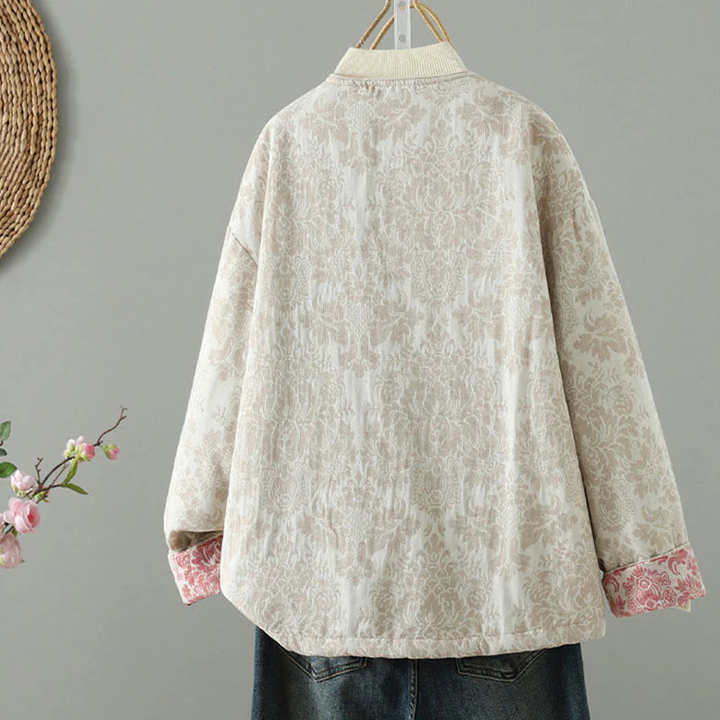 Buddha Stones Women's Peony Flowers Frog-Button Design Long Sleeve Thermal Jacket With Pockets