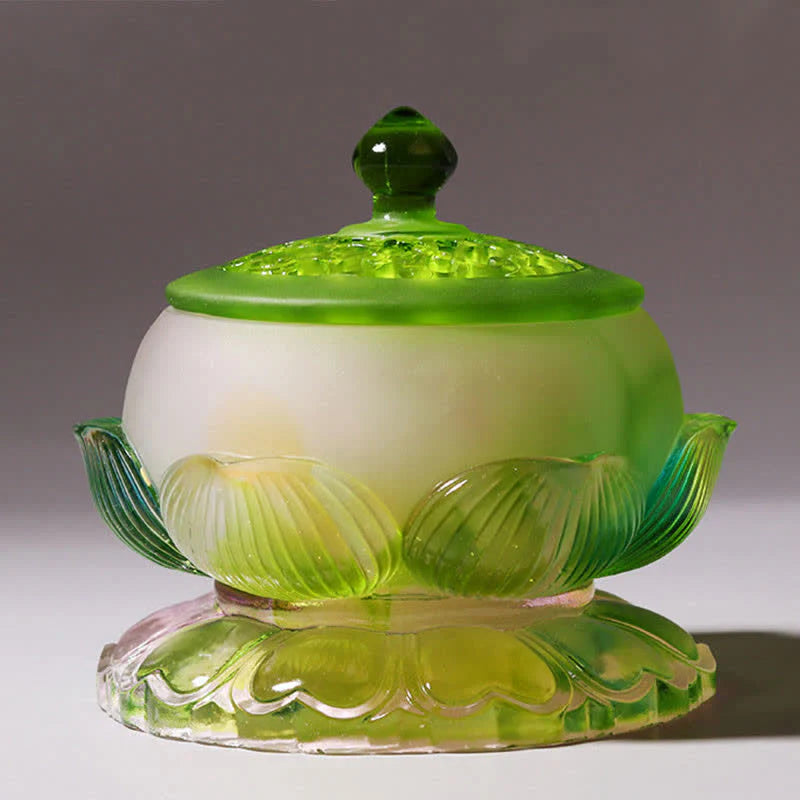 Buddha Stones Feng Shui Lotus Handmade Liuli Crystal Art Piece Home Office Offering Decoration