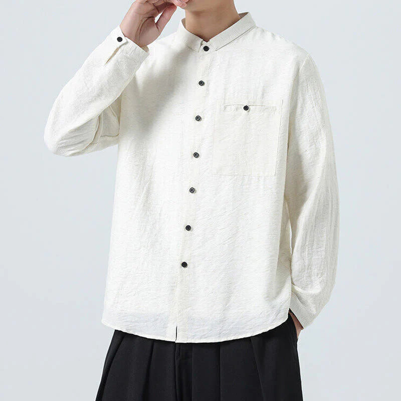 Buddha Stones Vintage Plain Buttons Down Stand Collar Long Sleeve Men's Cotton Shirt