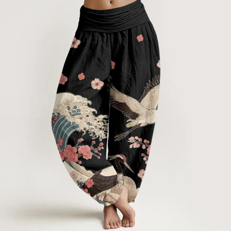 Buddha Stones Pure Cotton Cranes Peach Blossoms Ocean Women's Elastic Waist Harem Pants