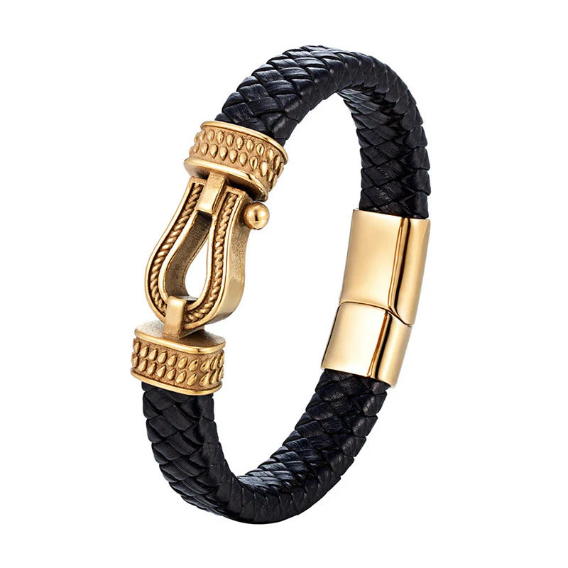 Buddha Stones Leather horseshoe-Shaped Titanium Steel Balance Braided Magnetic Buckle Bracelet