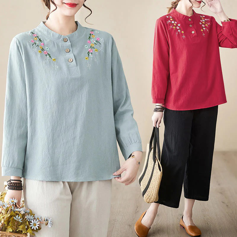 Buddha Stones Women's Spring Embroidered Flower Pattern Stand Collar Long Sleeve Cotton Shirt
