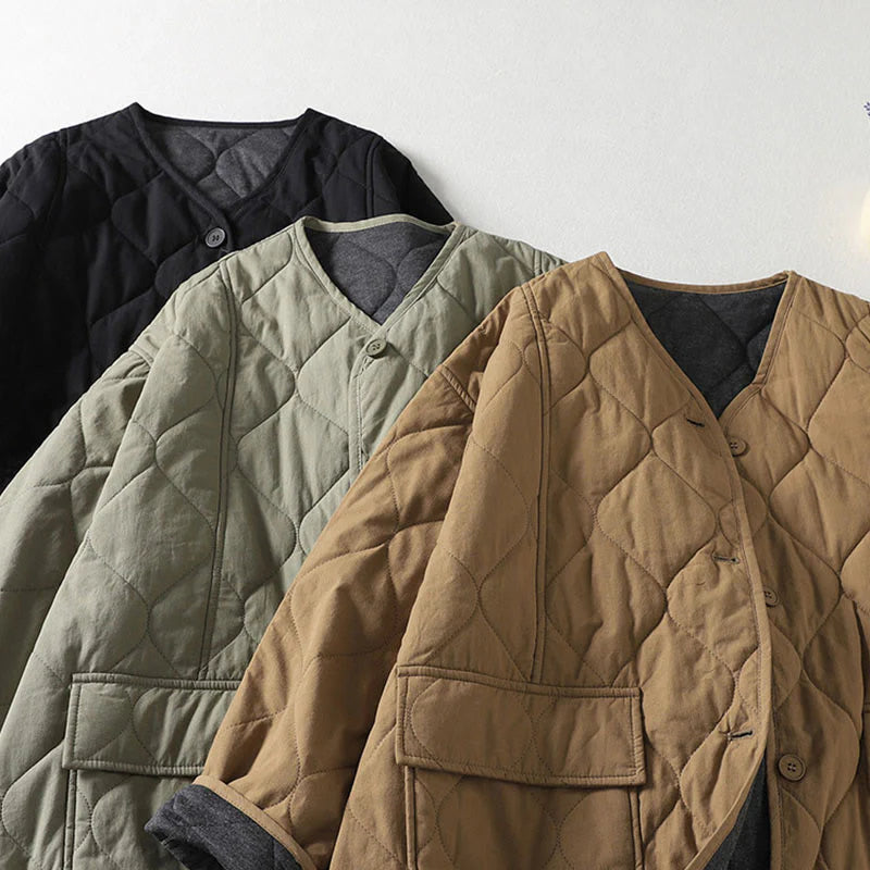 Buddha Stones Plain Buttons V-Neck Long Sleeve Women's Cotton Coat With Pockets